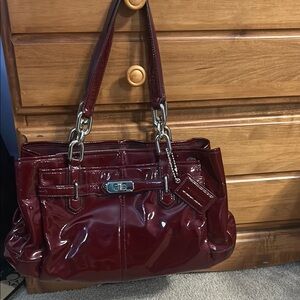Coach Red Patent Leather Shoulder Bag with Chain Accents